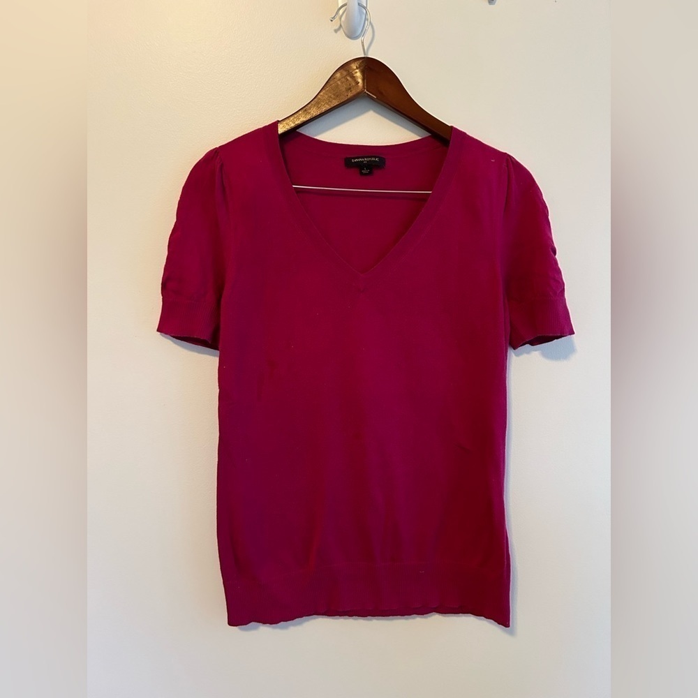 Banana Republic Cranberry Pink V-Neck Puff Sleeve Sweater Women’s Large